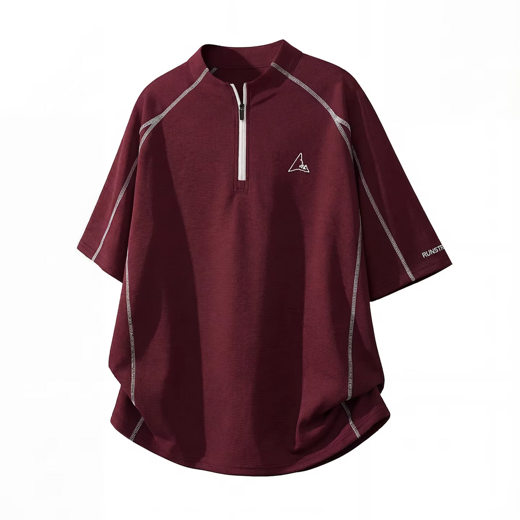 Cool-Feel Breathable Short-Sleeve T-Shirt Men Women Contrast Panel Design with Zipper Detail Outdoor Quick-Dry Sports T-Shirt