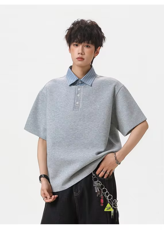 College-style Two-Piece Polo Set for Men: Summer Checked Patchwork Casual Short-Sleeved T-Shirt