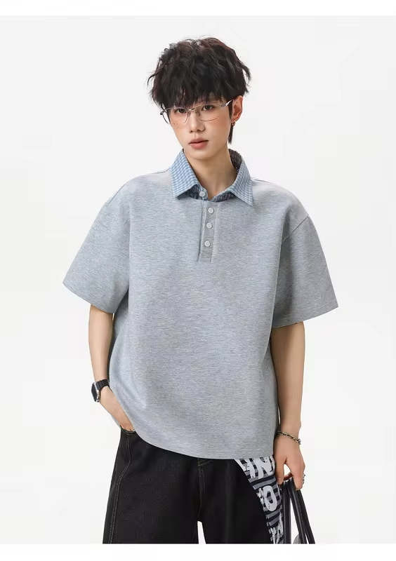 College-style Two-Piece Polo Set for Men: Summer Checked Patchwork Casual Short-Sleeved T-Shirt