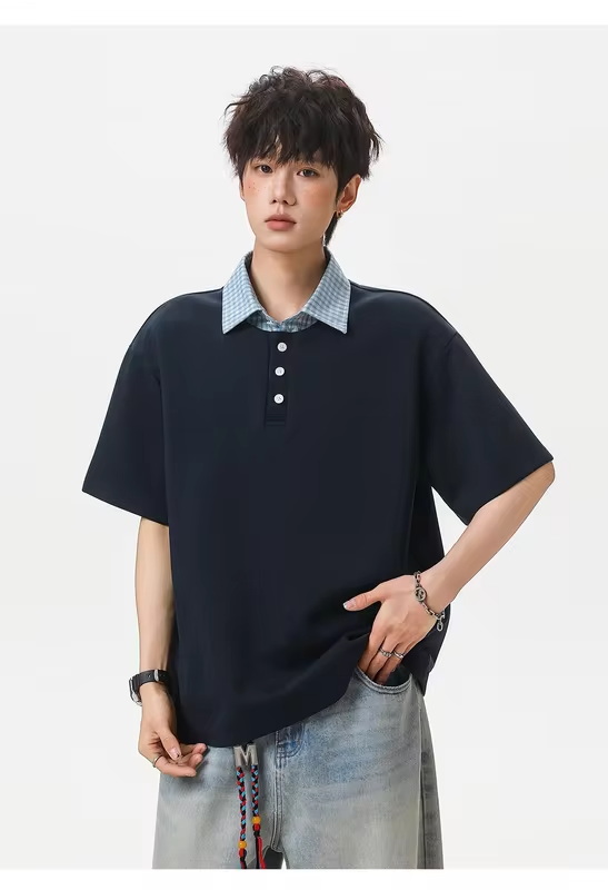 College-style Two-Piece Polo Set for Men: Summer Checked Patchwork Casual Short-Sleeved T-Shirt