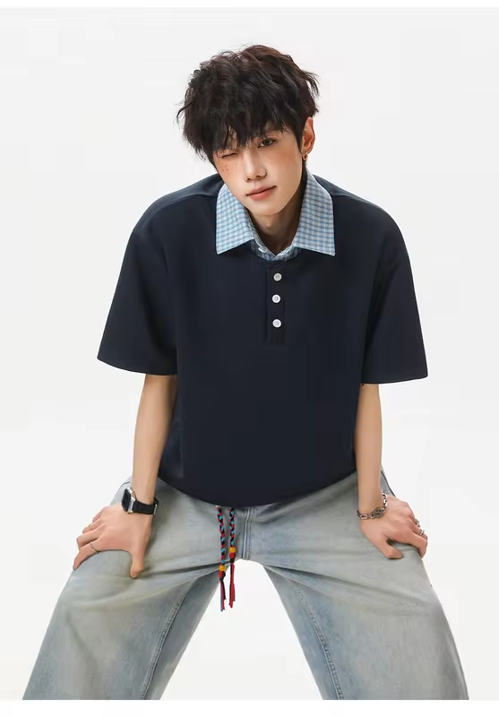 College-style Two-Piece Polo Set for Men: Summer Checked Patchwork Casual Short-Sleeved T-Shirt