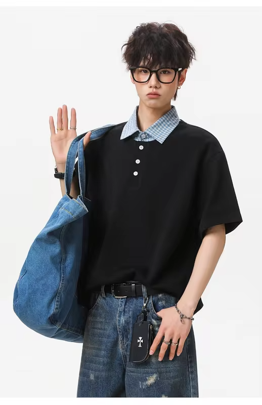 College-style Two-Piece Polo Set for Men: Summer Checked Patchwork Casual Short-Sleeved T-Shirt