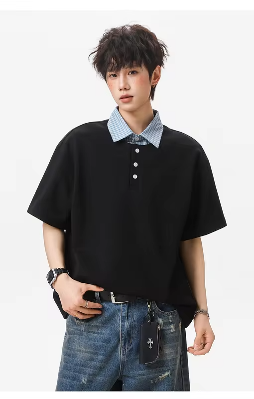 College-style Two-Piece Polo Set for Men: Summer Checked Patchwork Casual Short-Sleeved T-Shirt