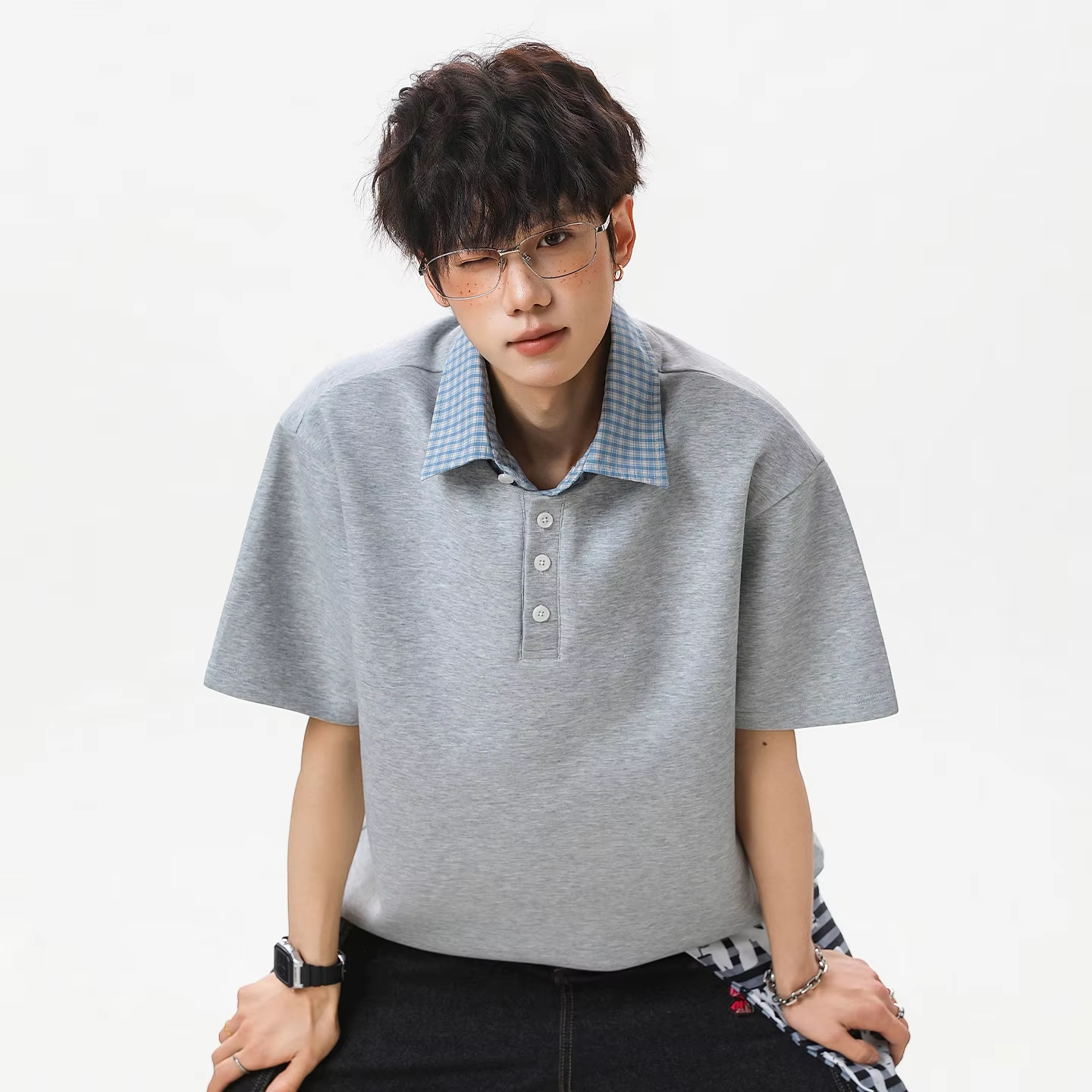 College-style Two-Piece Polo Set for Men: Summer Checked Patchwork Casual Short-Sleeved T-Shirt