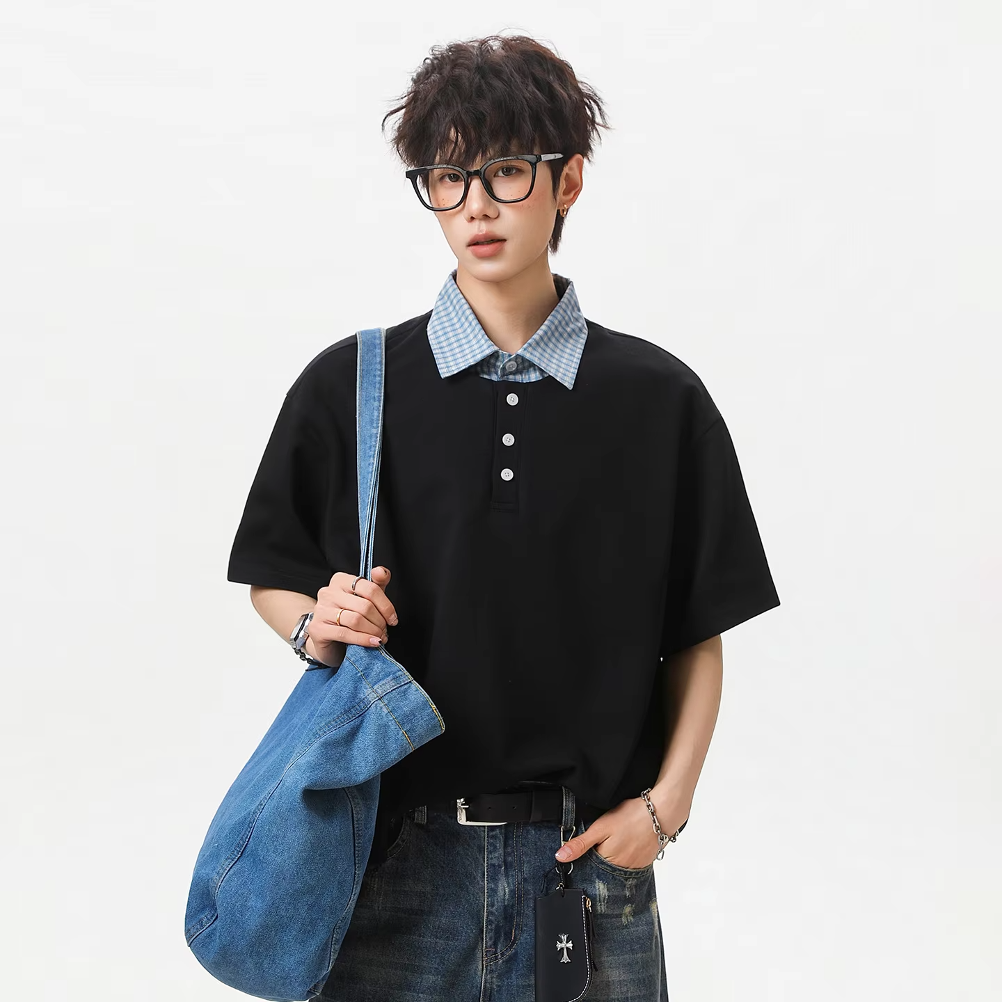 College-style Two-Piece Polo Set for Men: Summer Checked Patchwork Casual Short-Sleeved T-Shirt