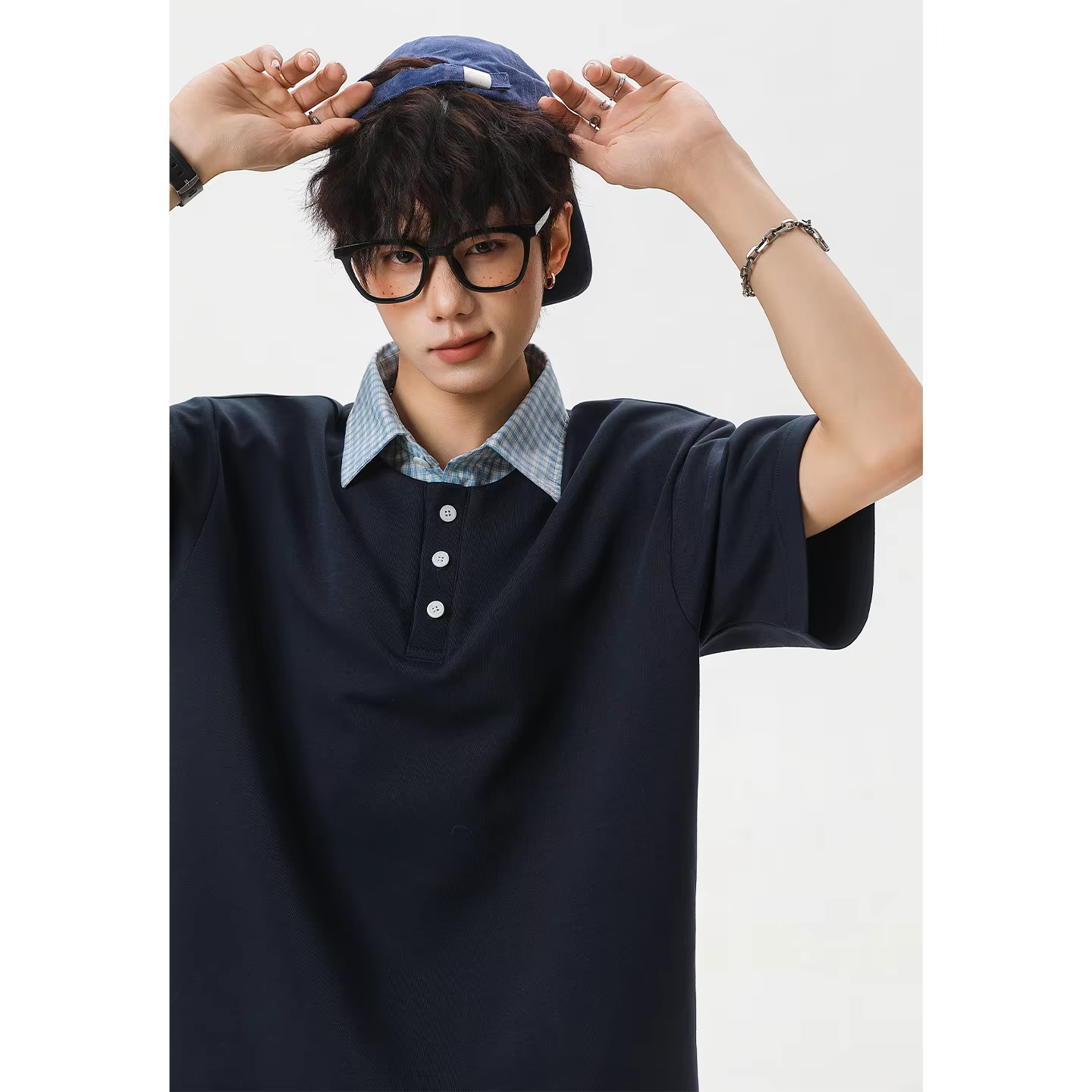 College-style Two-Piece Polo Set for Men: Summer Checked Patchwork Casual Short-Sleeved T-Shirt