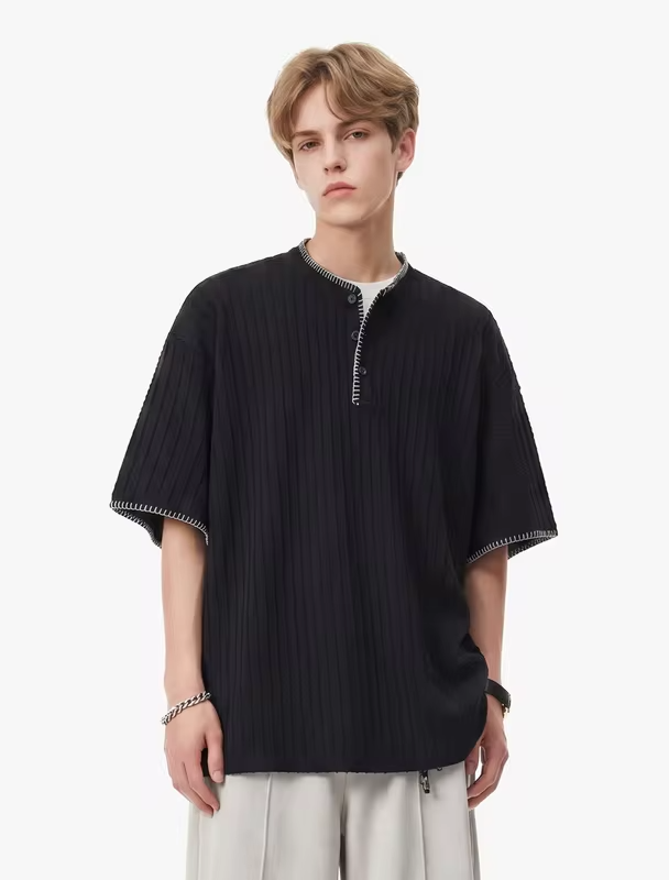 Men's Short-Sleeved T-Shirt with Contrasting Stripes, Letter Embroidery, Simple and Casual,  Cotton, Loose Fitrt-Sleeved T-Shirt