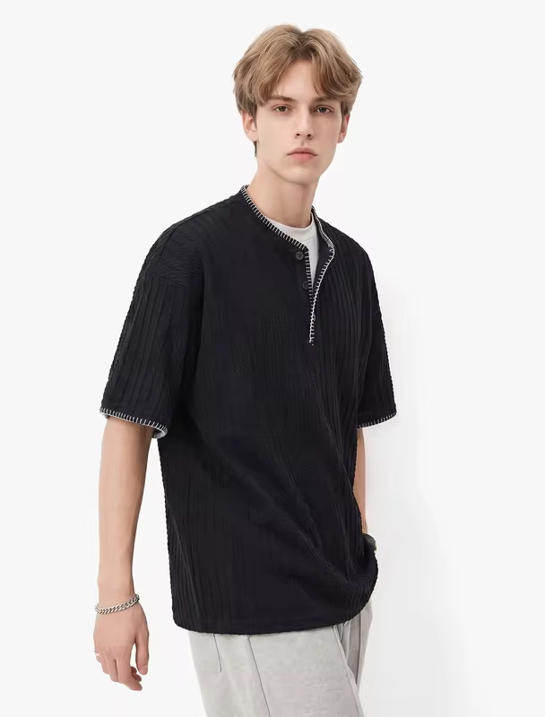 Men's Short-Sleeved T-Shirt with Contrasting Stripes, Letter Embroidery, Simple and Casual,  Cotton, Loose Fitrt-Sleeved T-Shirt