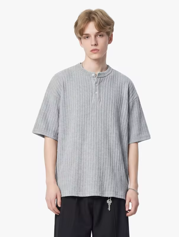 Men's Short-Sleeved T-Shirt with Contrasting Stripes, Letter Embroidery, Simple and Casual,  Cotton, Loose Fitrt-Sleeved T-Shirt