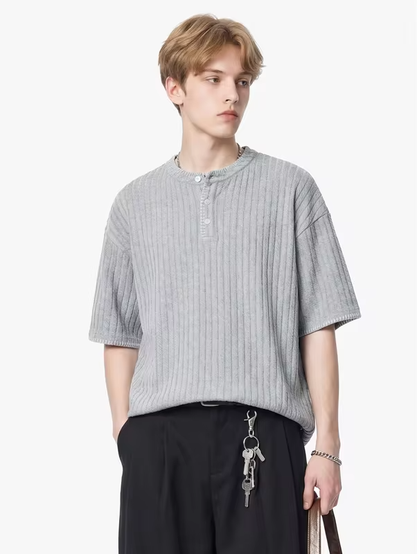 Men's Short-Sleeved T-Shirt with Contrasting Stripes, Letter Embroidery, Simple and Casual,  Cotton, Loose Fitrt-Sleeved T-Shirt