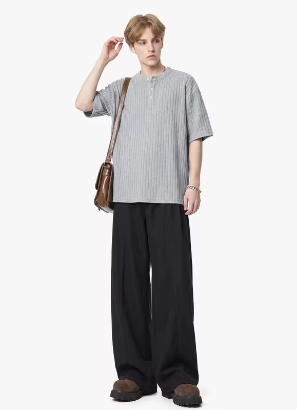 Men's Short-Sleeved T-Shirt with Contrasting Stripes, Letter Embroidery, Simple and Casual,  Cotton, Loose Fitrt-Sleeved T-Shirt