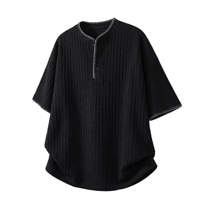 Men's Short-Sleeved T-Shirt with Contrasting Stripes, Letter Embroidery, Simple and Casual,  Cotton, Loose Fitrt-Sleeved T-Shirt