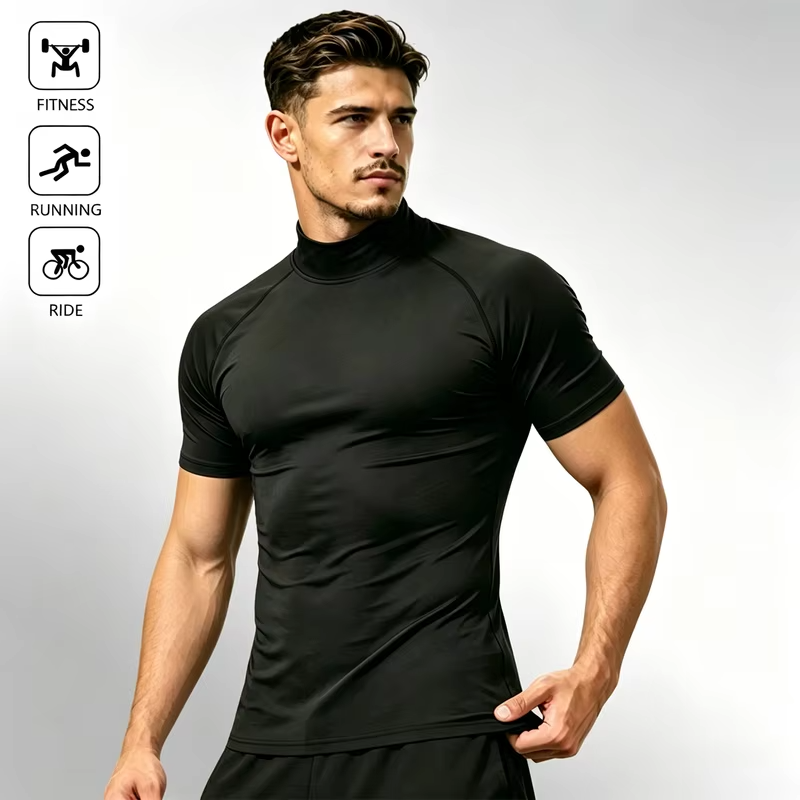 Men Mock High Neck Short Sleeve Athletic Baselayer Shirt Quick Dry Breathable Tops For Gym Training Running Sports Workout