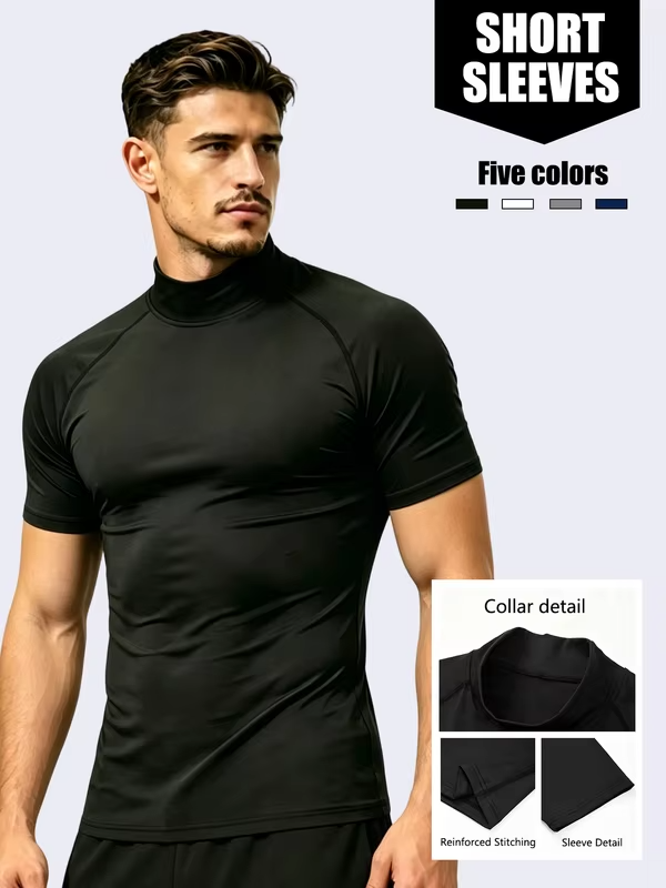 Men Mock High Neck Short Sleeve Athletic Baselayer Shirt Quick Dry Breathable Tops For Gym Training Running Sports Workout