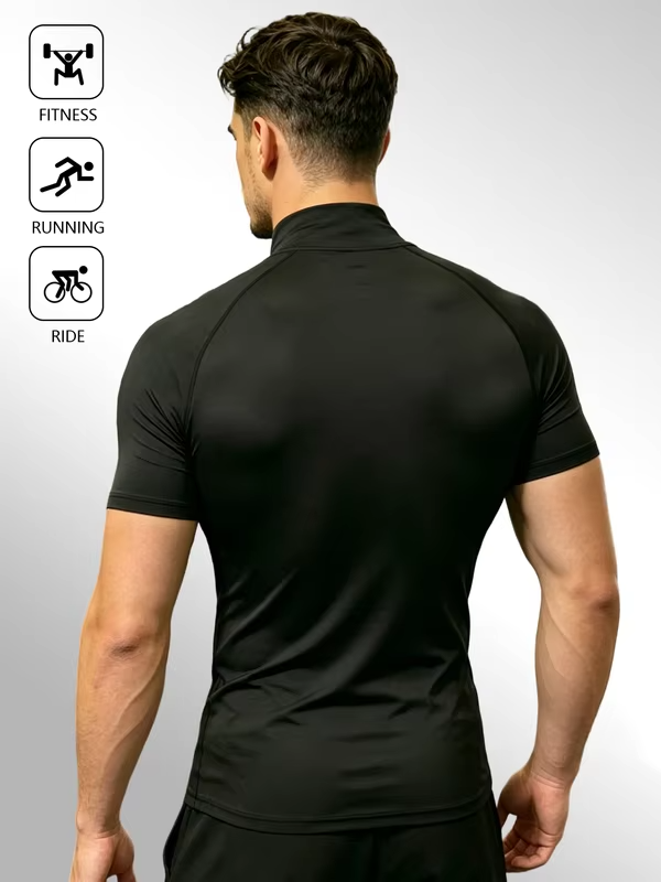 Men Mock High Neck Short Sleeve Athletic Baselayer Shirt Quick Dry Breathable Tops For Gym Training Running Sports Workout