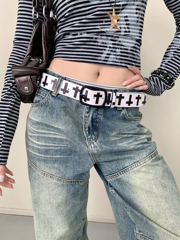 Retro Punk Style Cross Print Belt Women's High-End Niche Metal Buckle Leather Belt With Jeans Strap
