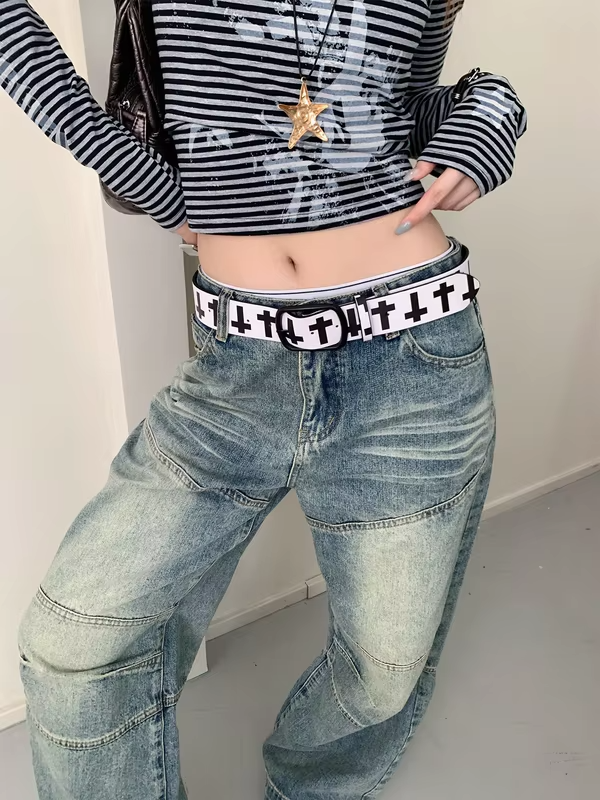 Retro Punk Style Cross Print Belt Women's High-End Niche Metal Buckle Leather Belt With Jeans Strap
