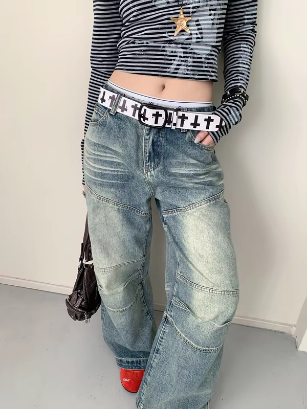 Retro Punk Style Cross Print Belt Women's High-End Niche Metal Buckle Leather Belt With Jeans Strap