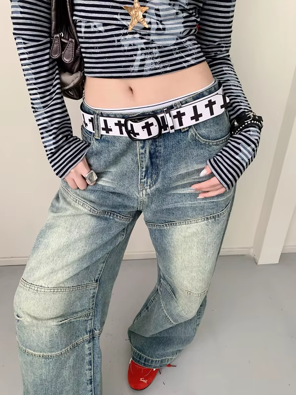 Retro Punk Style Cross Print Belt Women's High-End Niche Metal Buckle Leather Belt With Jeans Strap