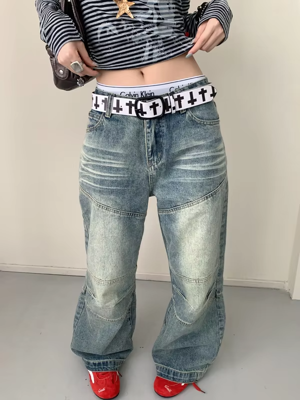 Retro Punk Style Cross Print Belt Women's High-End Niche Metal Buckle Leather Belt With Jeans Strap