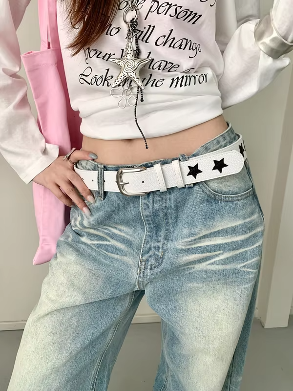 Niche American Y2K Color-Blocking Star Belt Women's High-End Metal Buckle Leather Belt Skirt Jeans Decoration