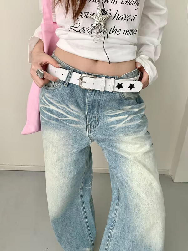 Niche American Y2K Color-Blocking Star Belt Women's High-End Metal Buckle Leather Belt Skirt Jeans Decoration