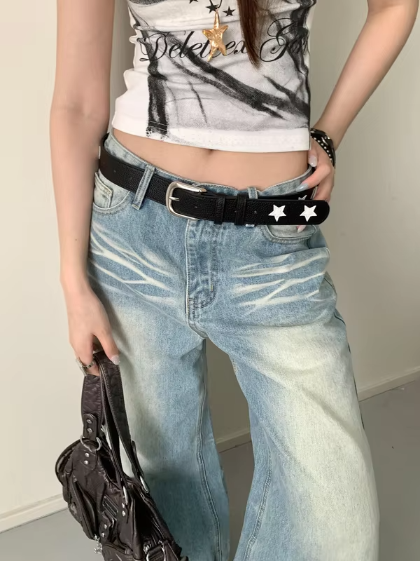 Niche American Y2K Color-Blocking Star Belt Women's High-End Metal Buckle Leather Belt Skirt Jeans Decoration
