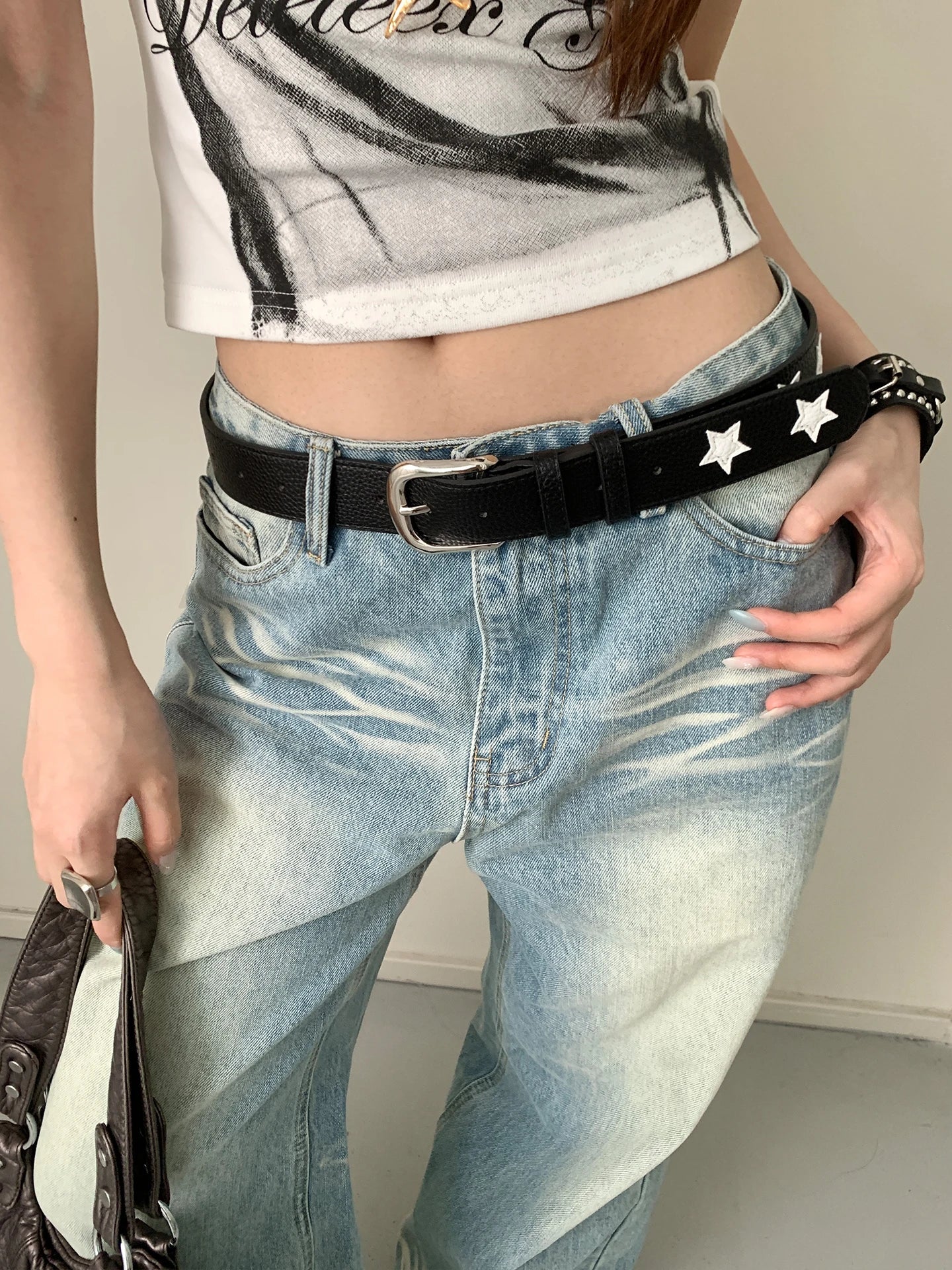 Niche American Y2K Color-Blocking Star Belt Women's High-End Metal Buckle Leather Belt Skirt Jeans Decoration
