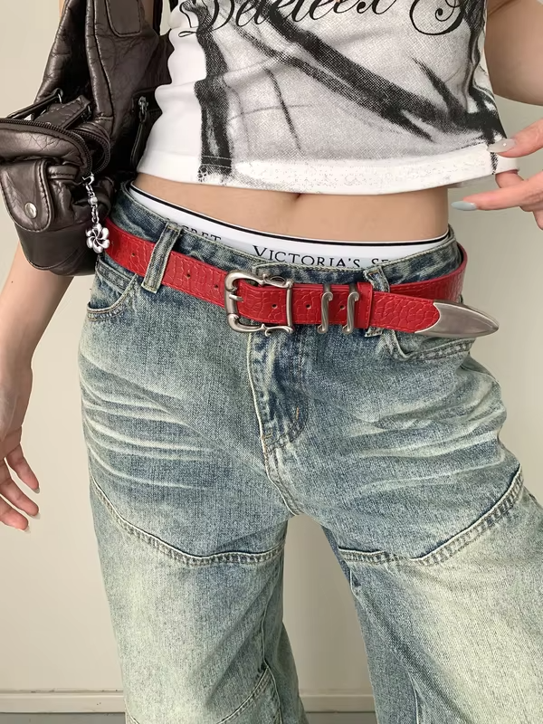 American Vintage Y2K Crocodile Pattern Leather Belt Women's Designer Irregular Metal Buckle Belt With Jeans Belt