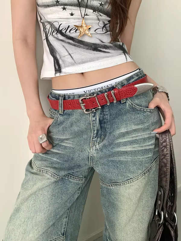 American Vintage Y2K Crocodile Pattern Leather Belt Women's Designer Irregular Metal Buckle Belt With Jeans Belt