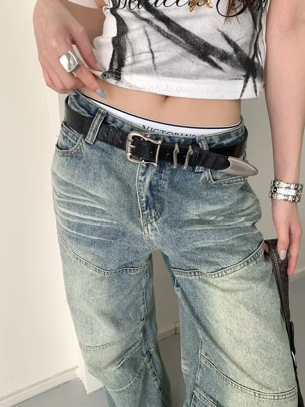 American Vintage Y2K Crocodile Pattern Leather Belt Women's Designer Irregular Metal Buckle Belt With Jeans Belt