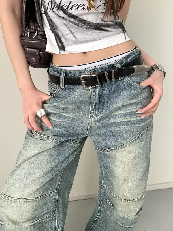 American Vintage Y2K Crocodile Pattern Leather Belt Women's Designer Irregular Metal Buckle Belt With Jeans Belt