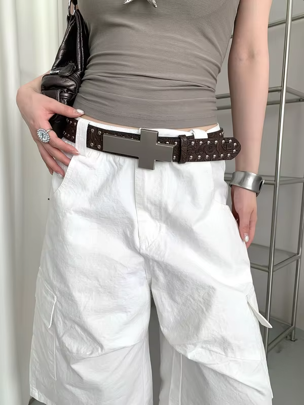 American Punk Style Carved Studded Cross Belt Women's Y2K Personalized Heavy Metal Buckle Leather Belt