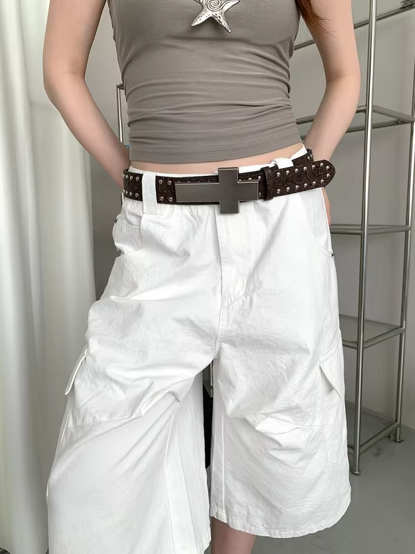 American Punk Style Carved Studded Cross Belt Women's Y2K Personalized Heavy Metal Buckle Leather Belt