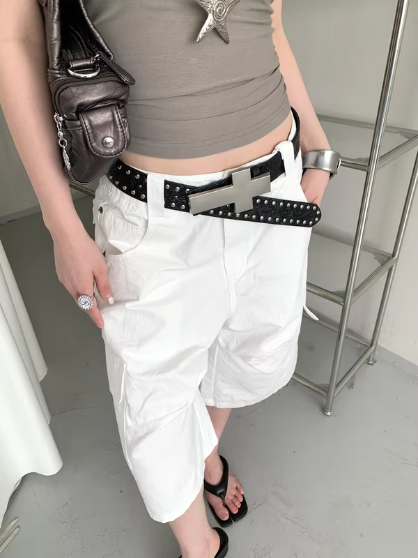 American Punk Style Carved Studded Cross Belt Women's Y2K Personalized Heavy Metal Buckle Leather Belt