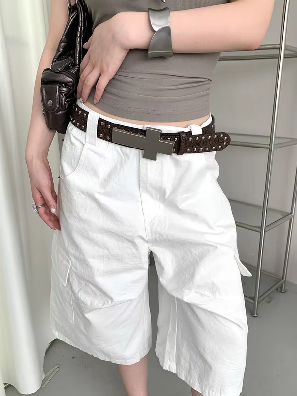 American Punk Style Carved Studded Cross Belt Women's Y2K Personalized Heavy Metal Buckle Leather Belt