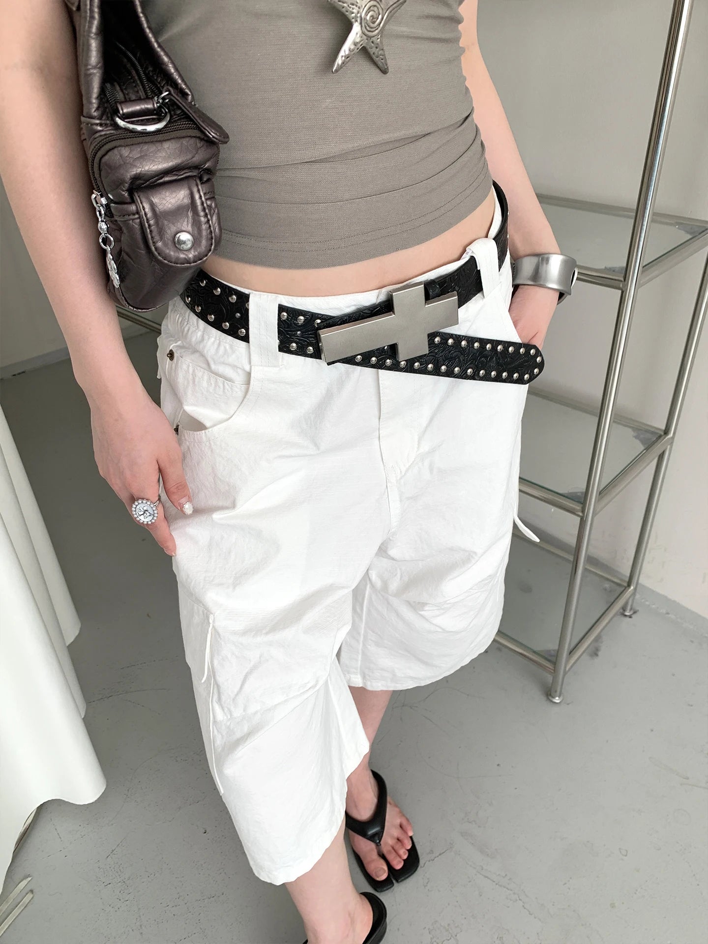 American Punk Style Carved Studded Cross Belt Women's Y2K Personalized Heavy Metal Buckle Leather Belt