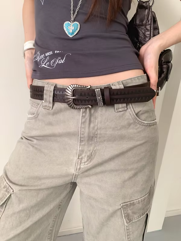 Vintage American Color-Block Print Wide Waist Belt Women's Niche Personality Y2k Belt For Skirts And Jeans