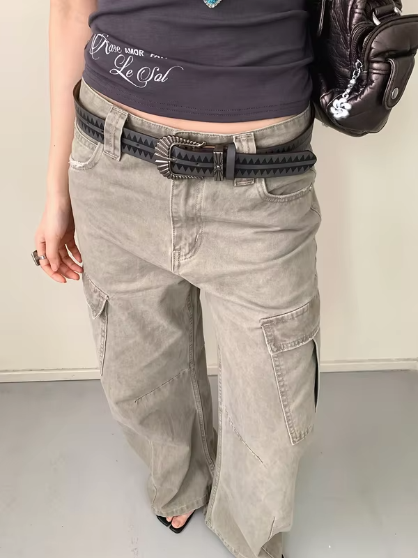 Vintage American Color-Block Print Wide Waist Belt Women's Niche Personality Y2k Belt For Skirts And Jeans