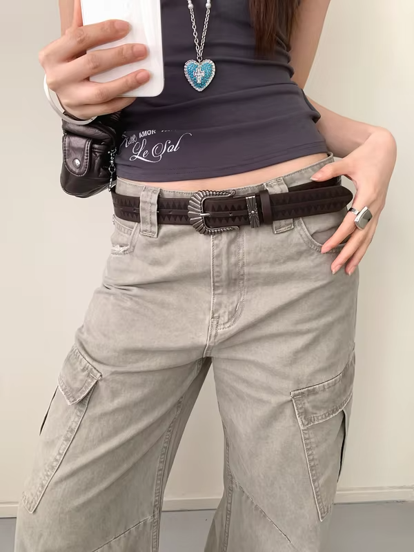Vintage American Color-Block Print Wide Waist Belt Women's Niche Personality Y2k Belt For Skirts And Jeans