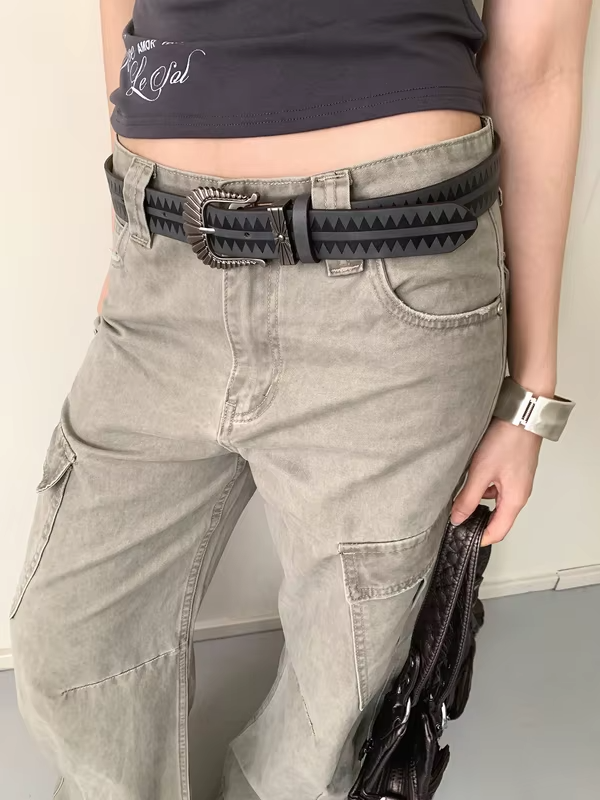 Vintage American Color-Block Print Wide Waist Belt Women's Niche Personality Y2k Belt For Skirts And Jeans