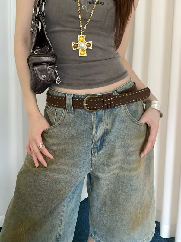 Vintage American Suede Studded Belt Women's Niche Design Y2k Coffee Color Belt