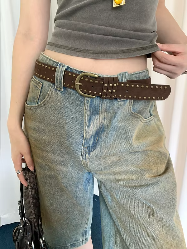 Vintage American Suede Studded Belt Women's Niche Design Y2k Coffee Color Belt