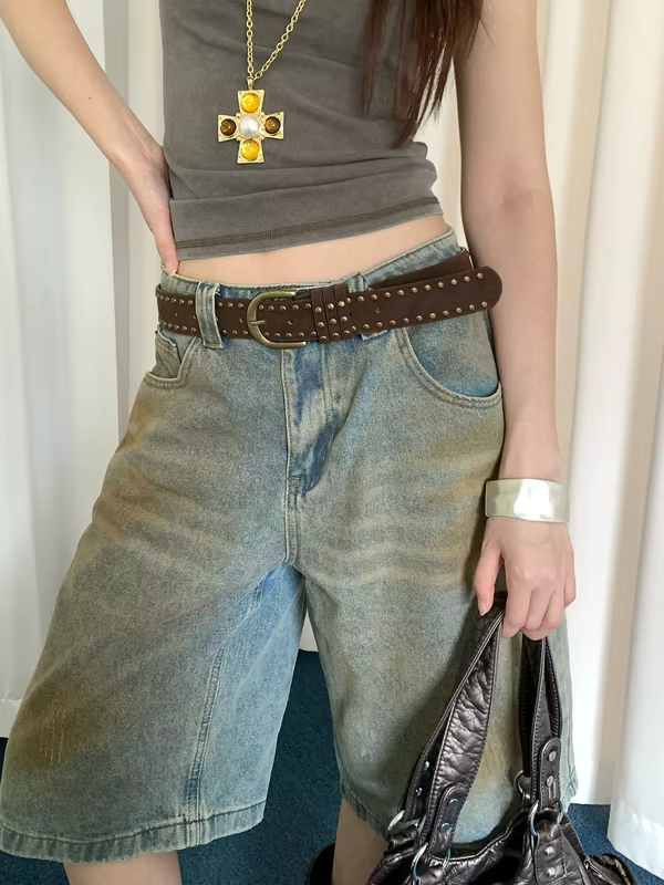 Vintage American Suede Studded Belt Women's Niche Design Y2k Coffee Color Belt