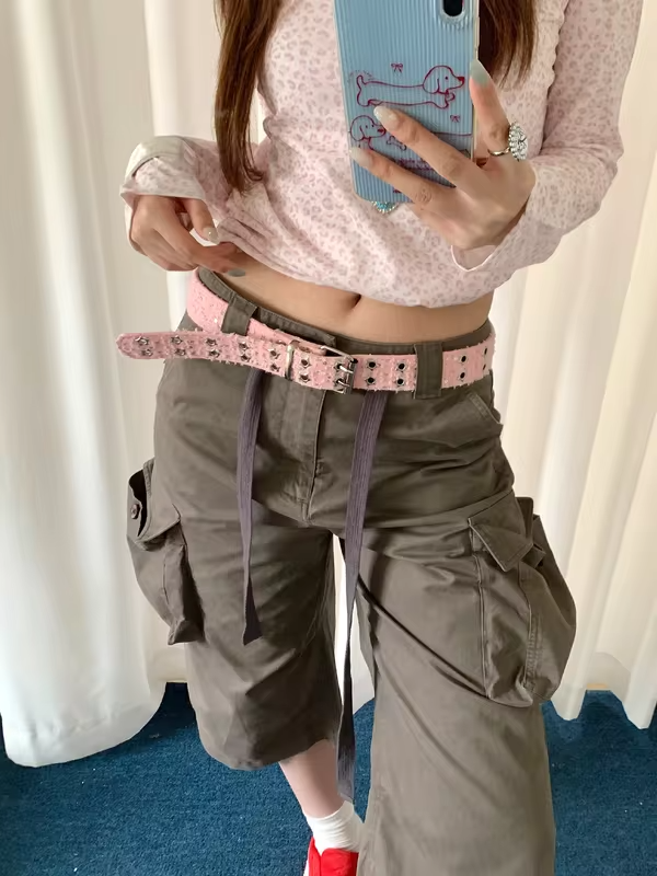 Y2K Millennium Style Pink Sequin Star Belt Women's Retro Studded Metal Buckle Belt Decoration For Jeans