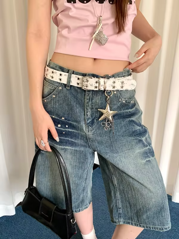 Y2K Millennium Style Pink Sequin Star Belt Women's Retro Studded Metal Buckle Belt Decoration For Jeans