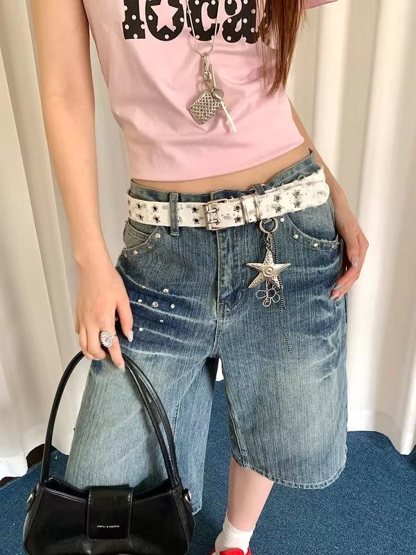 Y2K Millennium Style Pink Sequin Star Belt Women's Retro Studded Metal Buckle Belt Decoration For Jeans