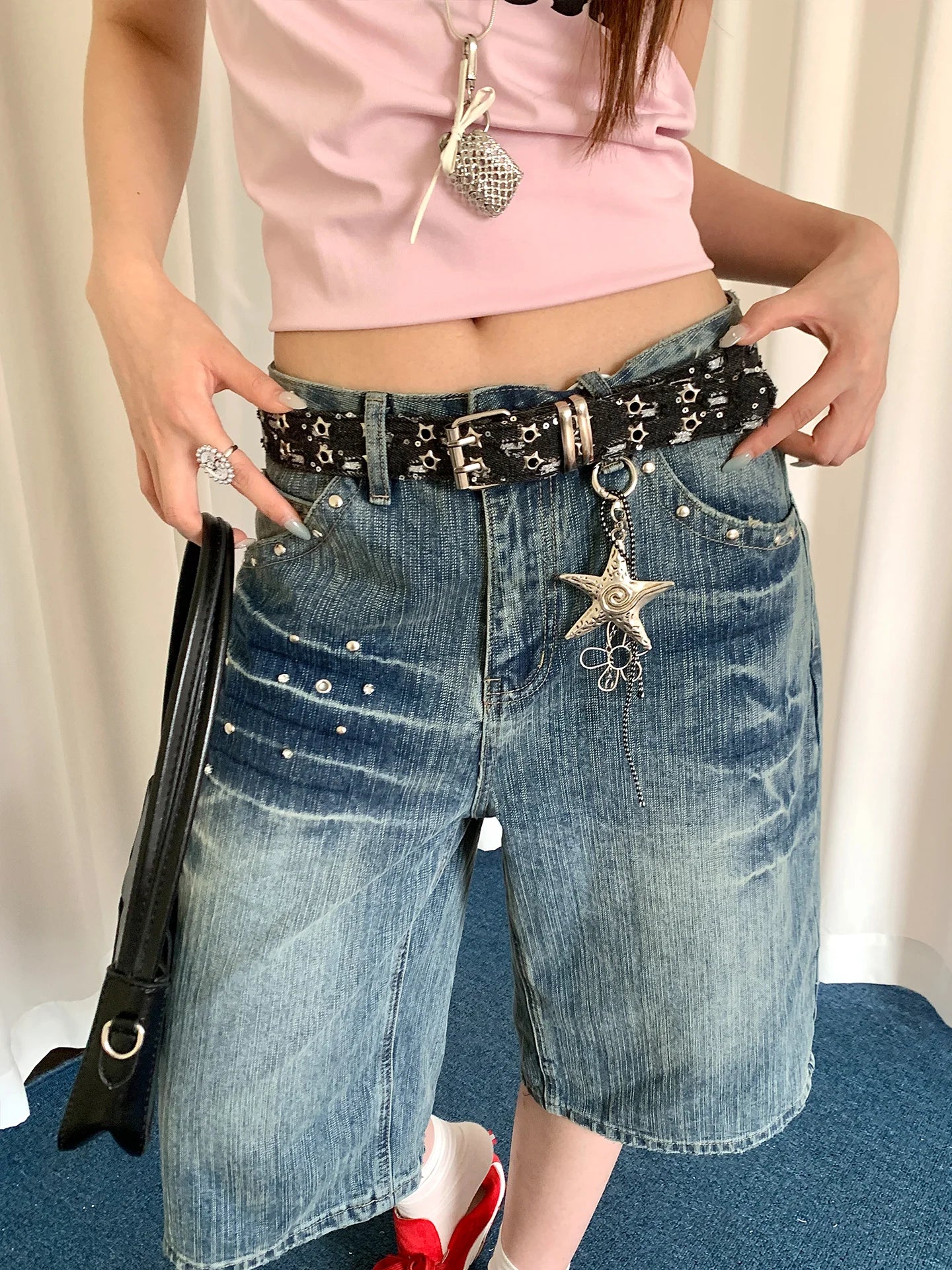Y2K Millennium Style Pink Sequin Star Belt Women's Retro Studded Metal Buckle Belt Decoration For Jeans