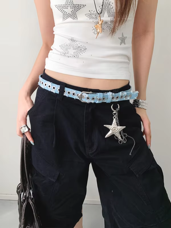 Vintage Distressed Style Denim Belt Women's Y2K Millennium Style Leather Belt No-Punching Matching Jeans Belt