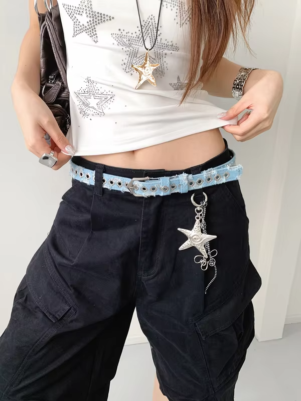 Vintage Distressed Style Denim Belt Women's Y2K Millennium Style Leather Belt No-Punching Matching Jeans Belt